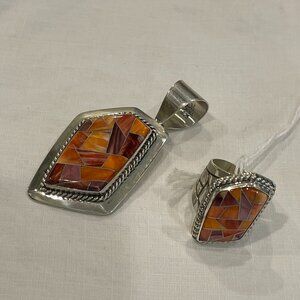 Jay King DTR 925 Orange Spiney Pendant and Ring Size 6-3/4